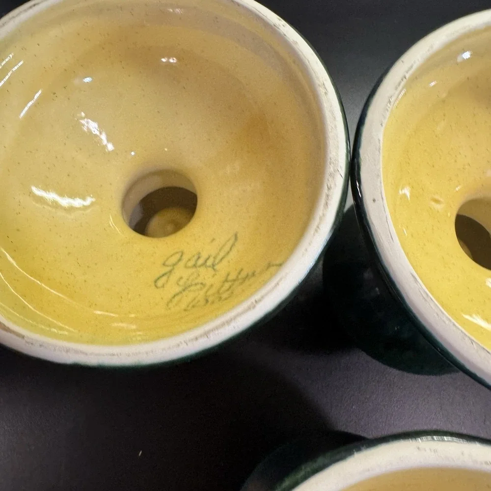 Vintage Gail Pittman Pottery Taper or Pillar Candle Holder Green  Signed Set 3‎